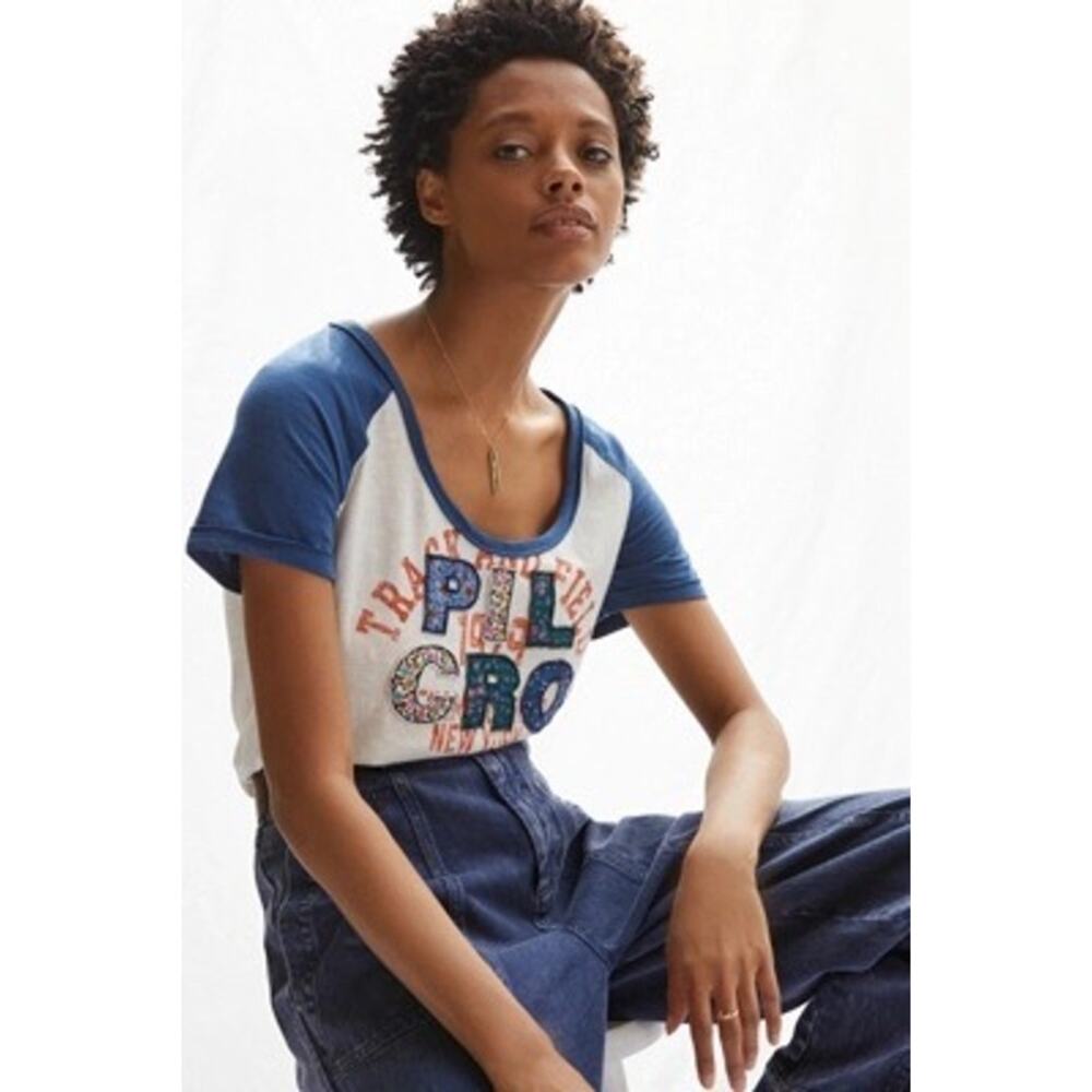 Anthropologie Pilcro Varsity Tee Cotton Short Sleeves with Applique Logo Size XS